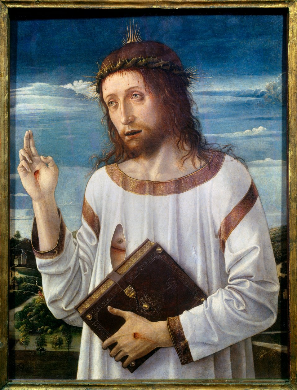 Christ Benching Obraz autorstwa Giovanniego Belliniego dit il Giambellino (1430-1516) 1460 nd.0,58x0,46 m - Błogosławieństwo Chrystusa. Obraz Giovanniego Belliniego zwany Giambellino (1430-1516) 1460. 0,58 x 0,46 m. Luwr, Paryż autorstwa Giovanni Bellini