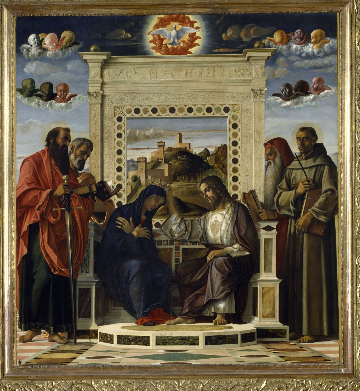 Koronacja Matki Boskiej Św. Paweł, Piotr, Hieronim i Franciszek z Asyżu ze scenami z życia świętych w panelu predella, znanym jako ołtarz „Pala di Pesaro”, ok. 1474 (olej na panelu) (patrz także 85578) autorstwa Giovanni Bellini