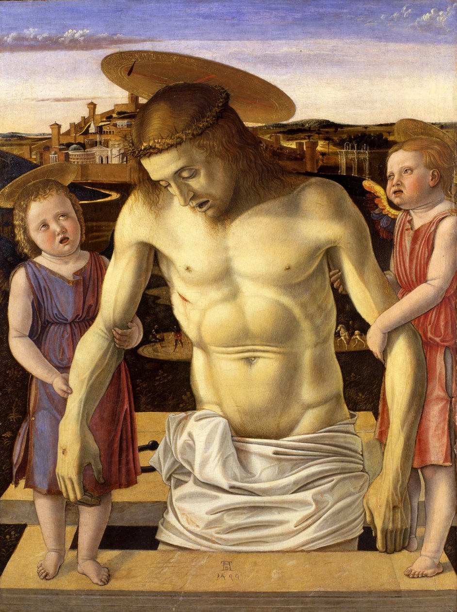 Włoski:  Cristo morto sorretto da due angeli Martwy Chrystus podtrzymywany przez dwa anioły autorstwa Giovanni Bellini