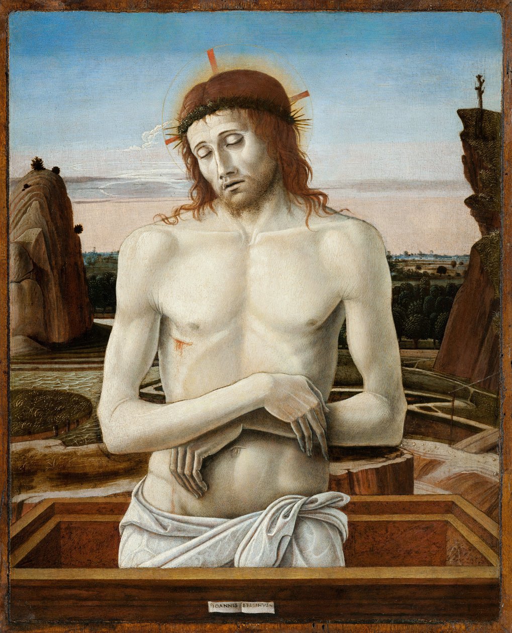 Chrystus Bolesny lub Chrystus przedstawiony jako Mąż Bolesny - Mąż Bolesny - Bellini, Giovanni (1430-1516) - 1460-1469 - Olej na drewnie - 50x40 - Museo Poldi Pezzoli, Mediolan autorstwa Giovanni Bellini