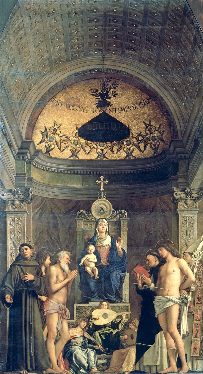 Madonna z Dzieciątkiem na tronie między SS. Franciszek, Jan Chrzciciel, Hiob, Dominik, Sebastian i Ludwik (Ołtarz San Giobbe) ok. 1487 (szczegóły patrz 61101 i 276359) autorstwa Giovanni Bellini