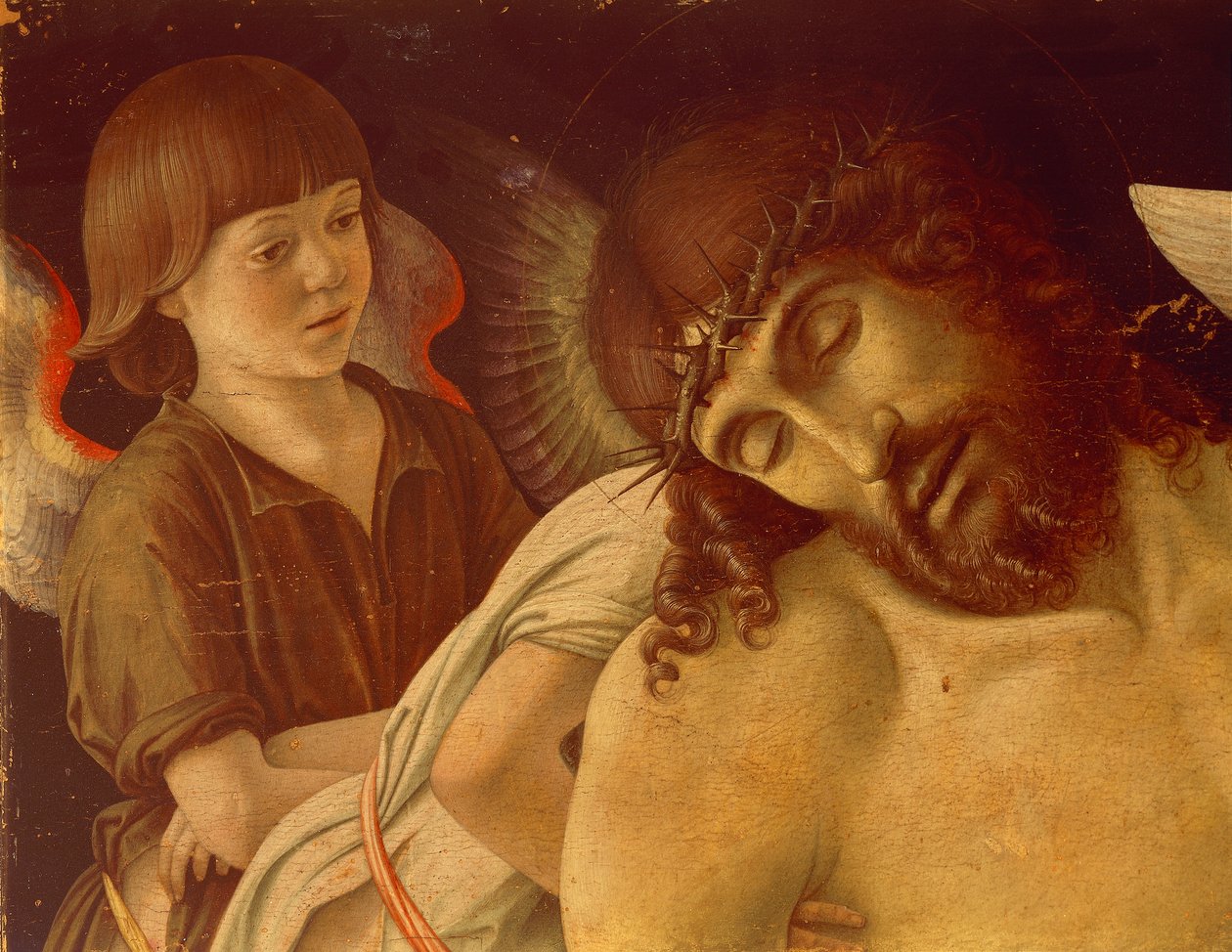 Pieta, czyli Chrystus martwy na aniołach, ok. 1474, autor: Giovanni Bellini (1431-36 - 1516), tempera na desce, 91x131 cm. Szczegół. autorstwa Giovanni Bellini