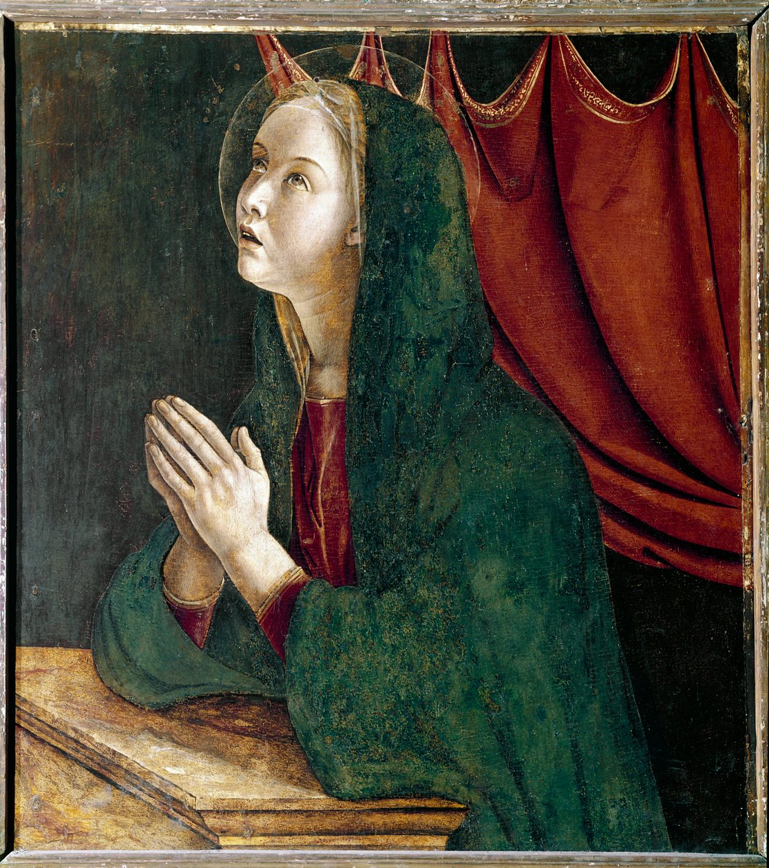 Poliptyk św. Wincentego Ferriera: dziewica Zwiastowania (Poliptyk św. Wincentego Ferrera: dziewica Zwiastowania) Obraz Giovanniego Belliniego dit il Giambellino (ok. 1432-1516) 1464-1468 Ciemne 72x67 cm Kościół w Wenecji Santi Giovanni e Paolo autorstwa Giovanni Bellini