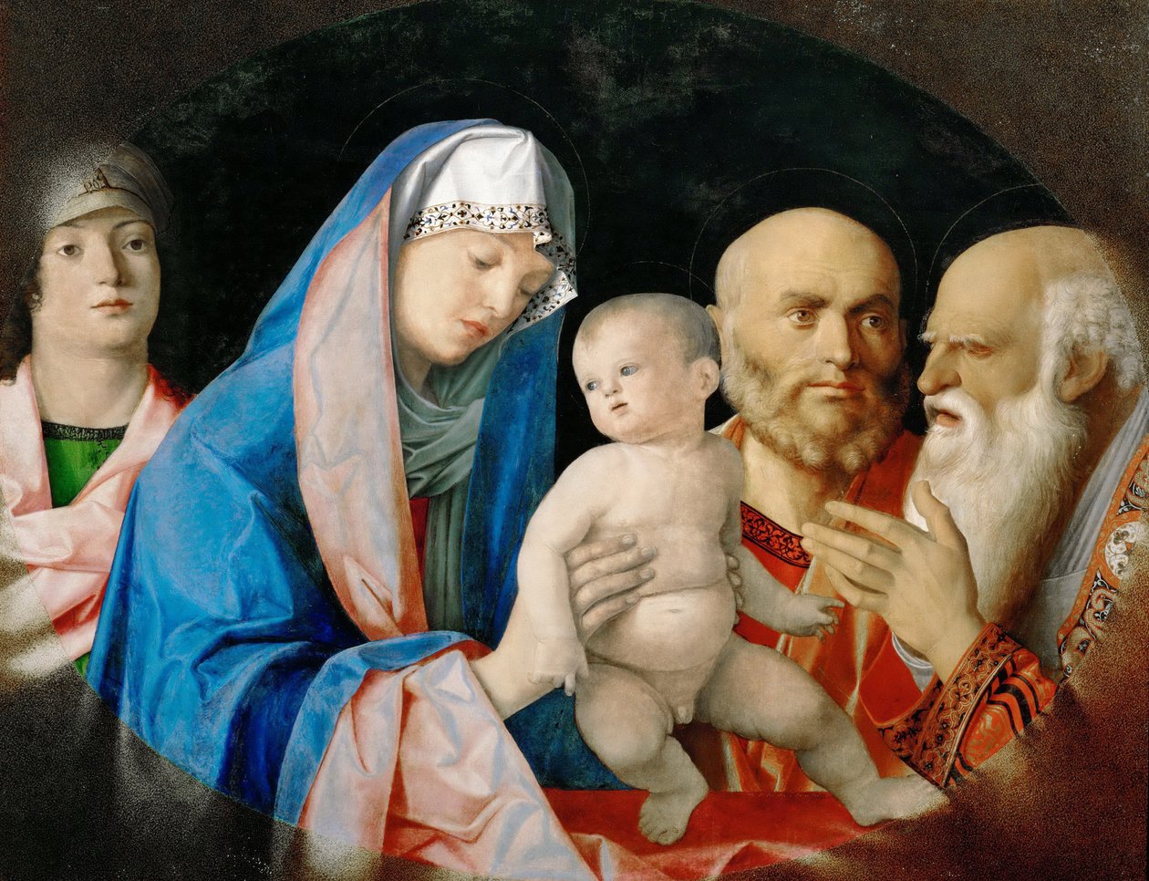Renesans: La Presentation au temple, avec Anne la profess - Ofiarowanie w świątyni Belliniego, Giovanni (1430-1516), ok. 1930 r. 1490-1499. Olej na drewnie, 63,5x81,5. Muzeum Historii Sztuki, Wiedeń autorstwa Giovanni Bellini