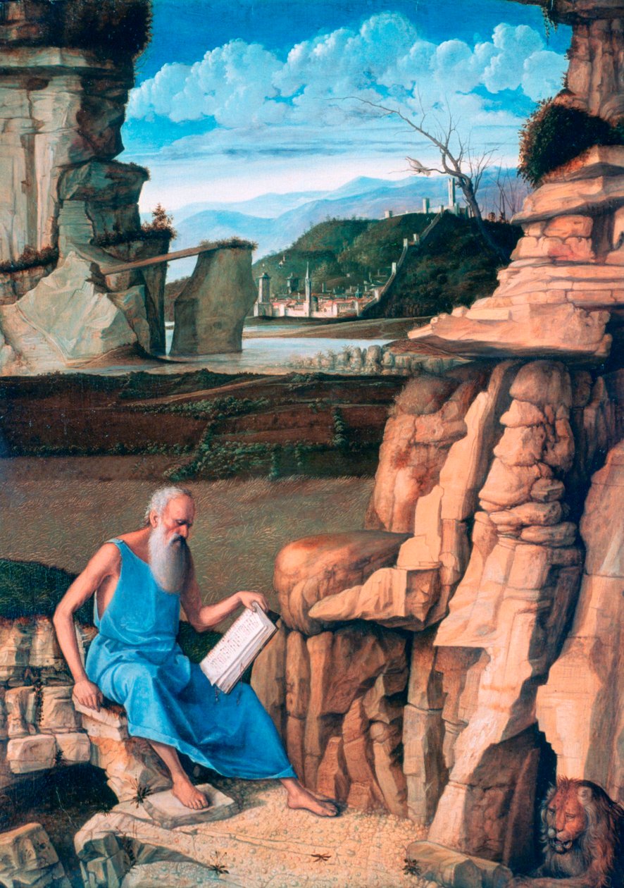 Św. Hieronim czytanie w krajobrazie, ok. 1480-1485 autorstwa Giovanni Bellini