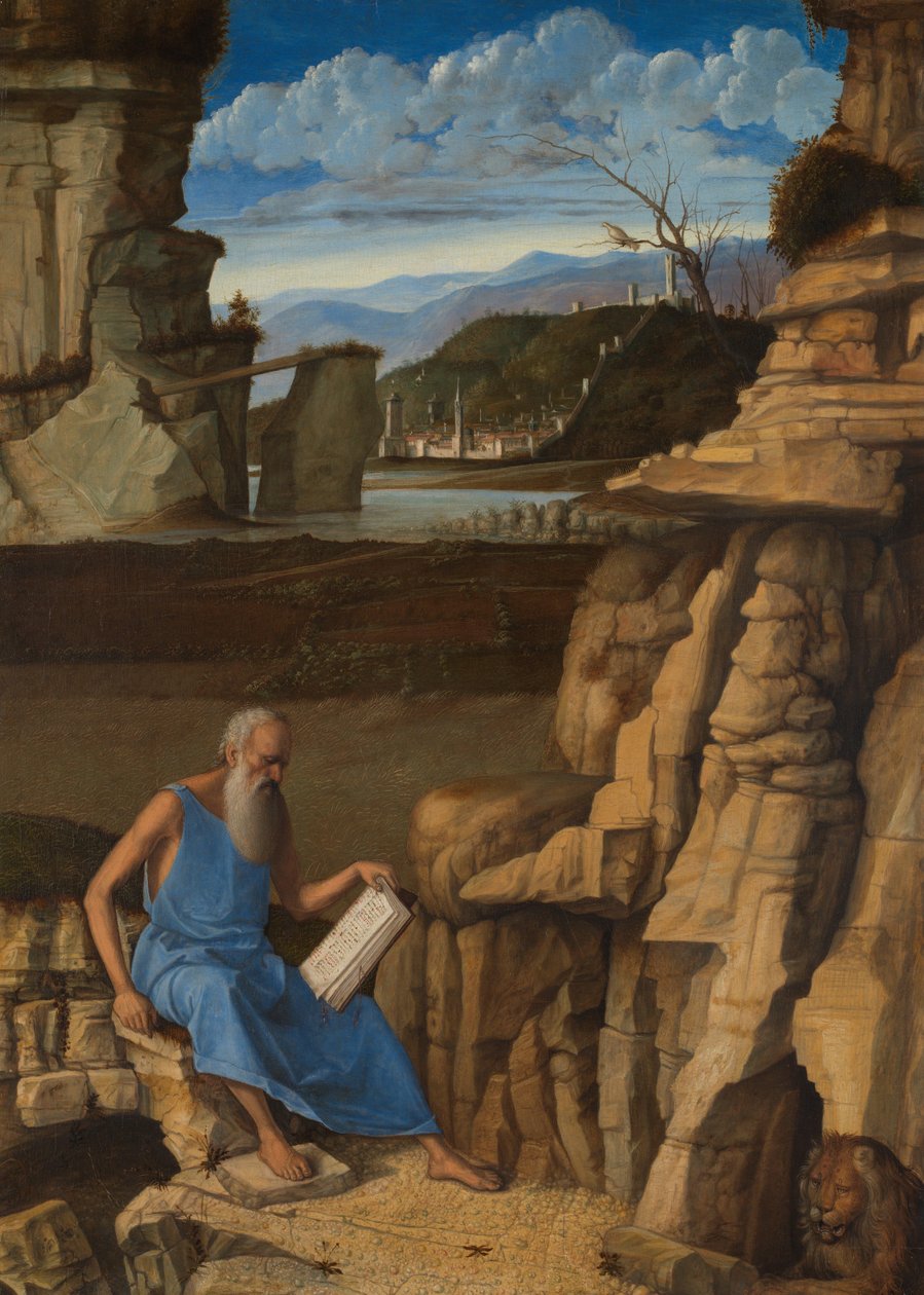 Święty Hieronim czytający w pejzażu, ok. 1480-5 (olej na drewnie) autorstwa Giovanni Bellini