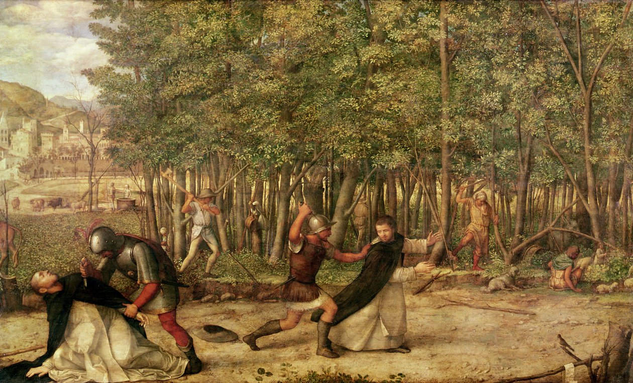 Zabójstwo św. Piotra Męczennika, 1507 (tempera jajeczna i olej na drewnie) autorstwa Giovanni Bellini