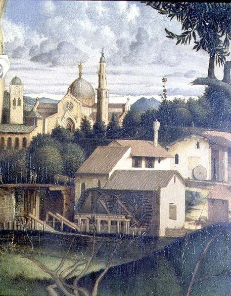 Ukrzyżowanie, detal architektury w tle (zob. także 87046, 87045, 87090) ok.1505 (panel) autorstwa Giovanni Bellini