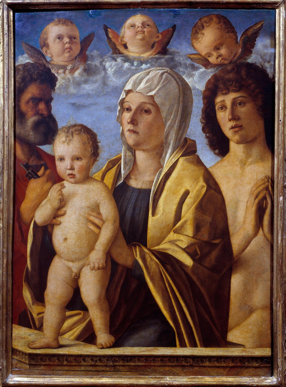 Dziewica i Dzieciątko Jezus między św. Piotrem a św. Sebastianem Obraz Giovanniego Belliniego dit il Giambellino (1430-1516) XVI w. Ndz. 0,82x0,58 m - Matka Boska z Dzieciątkiem Jezus między św. Piotrem a św. Sebastianem. Obraz Giovanniego Belliniego zwany autorstwa Giovanni Bellini