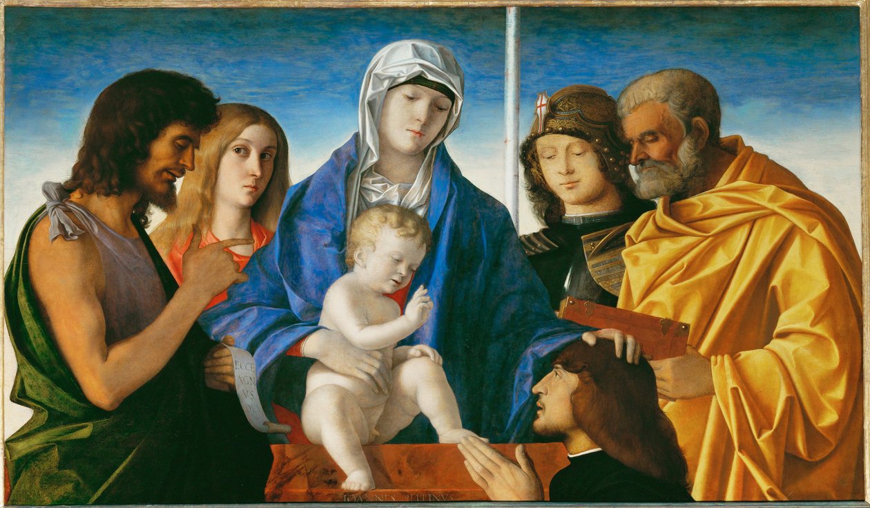 Dziewica z Dzieciątkiem ze świętymi Janem Chrzcicielem, Magdaleną, Jerzym i Piotrem ... autorstwa Giovanni Bellini