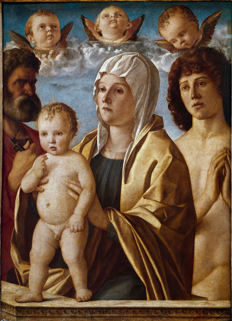 Dziewica z Dzieciątkiem ze św. Piotrem i św. Sebastianem (tempera na panelu) autorstwa Giovanni Bellini