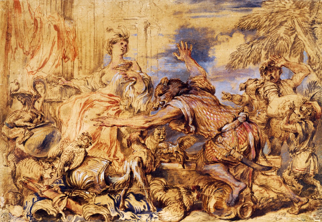 Kirke zmieniający towarzyszy Ulissesa w bestie autorstwa Giovanni Benedetto Castiglione