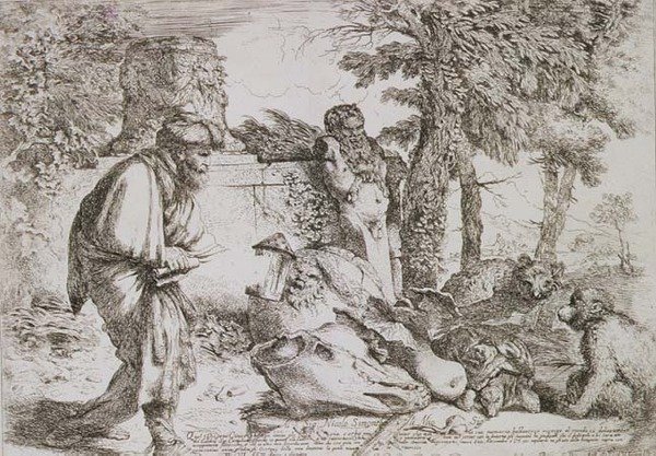 Diogenes szuka uczciwego człowieka (akwaforta) autorstwa Giovanni Benedetto Castiglione