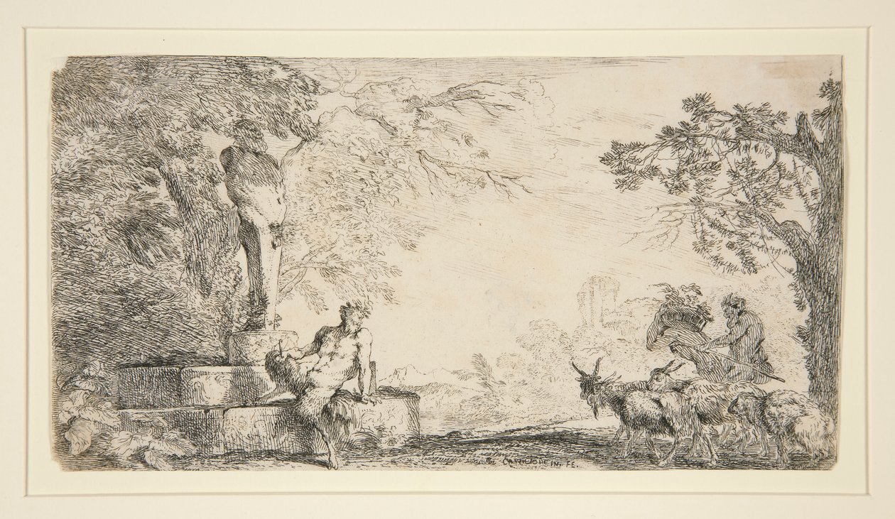 Satyr odpoczywający pod hermą autorstwa Giovanni Benedetto Castiglione