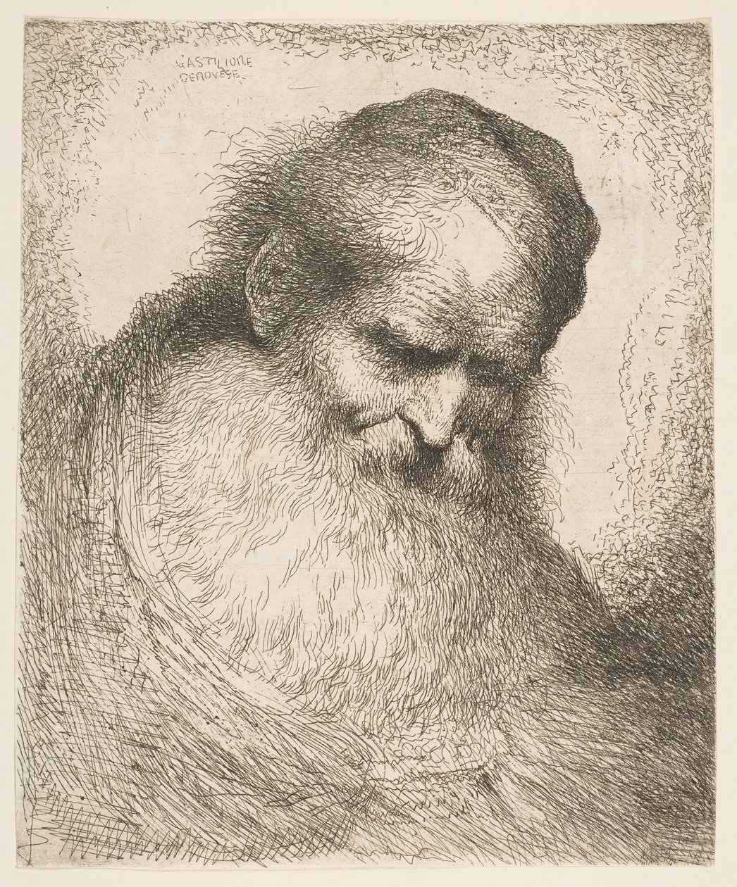 Brodaty mężczyzna w czapce spoglądający w dół w prawo, z cyklu „Głowy w Or..., ca. 1648-50. autorstwa Giovanni Benedetto Castiglione