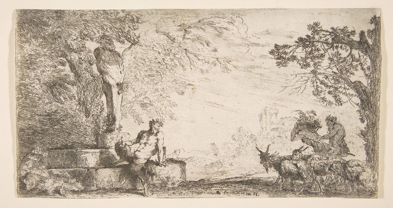 Satyr leżący u stóp posągu Priapa, po prawej kozy, ca. 1645-48. autorstwa Giovanni Benedetto Castiglione