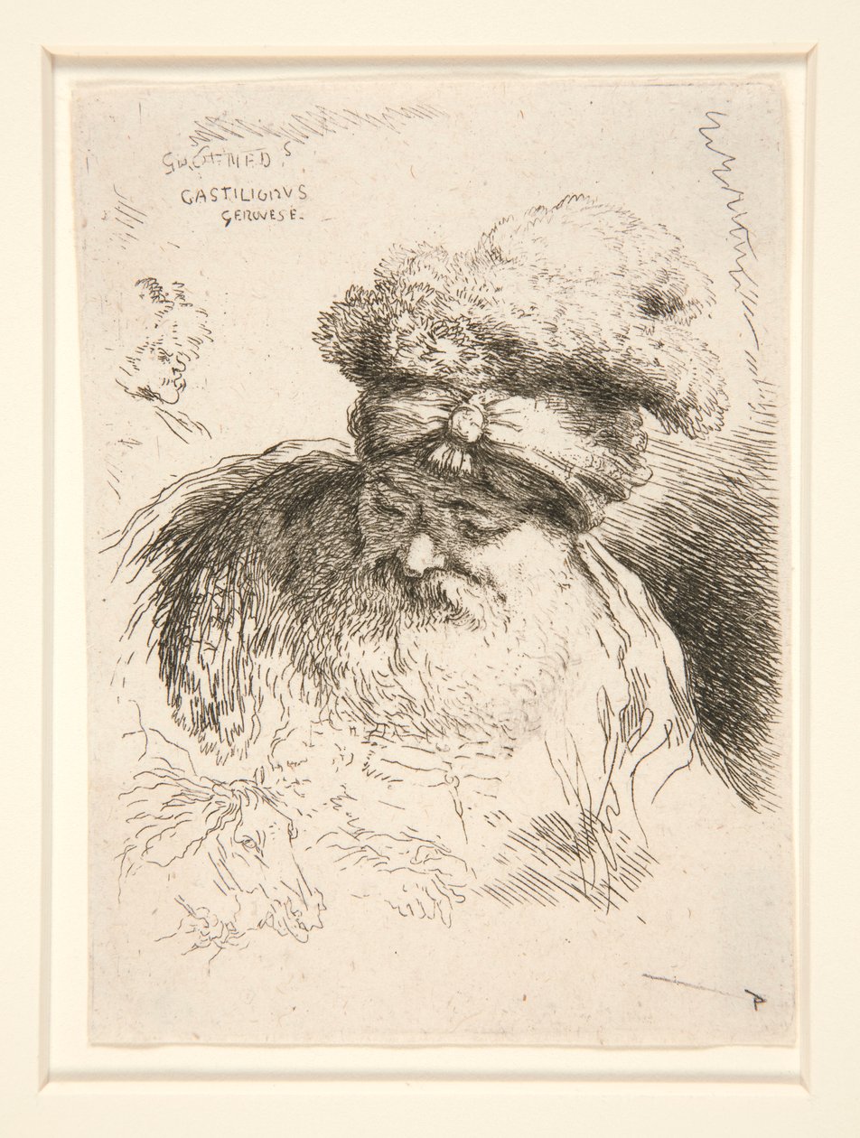 Stary mężczyzna z dużą brodą, widziany z przodu, z spuszczoną głową i oczami, z cyklu Les petites tetes d autorstwa Giovanni Benedetto Castiglione