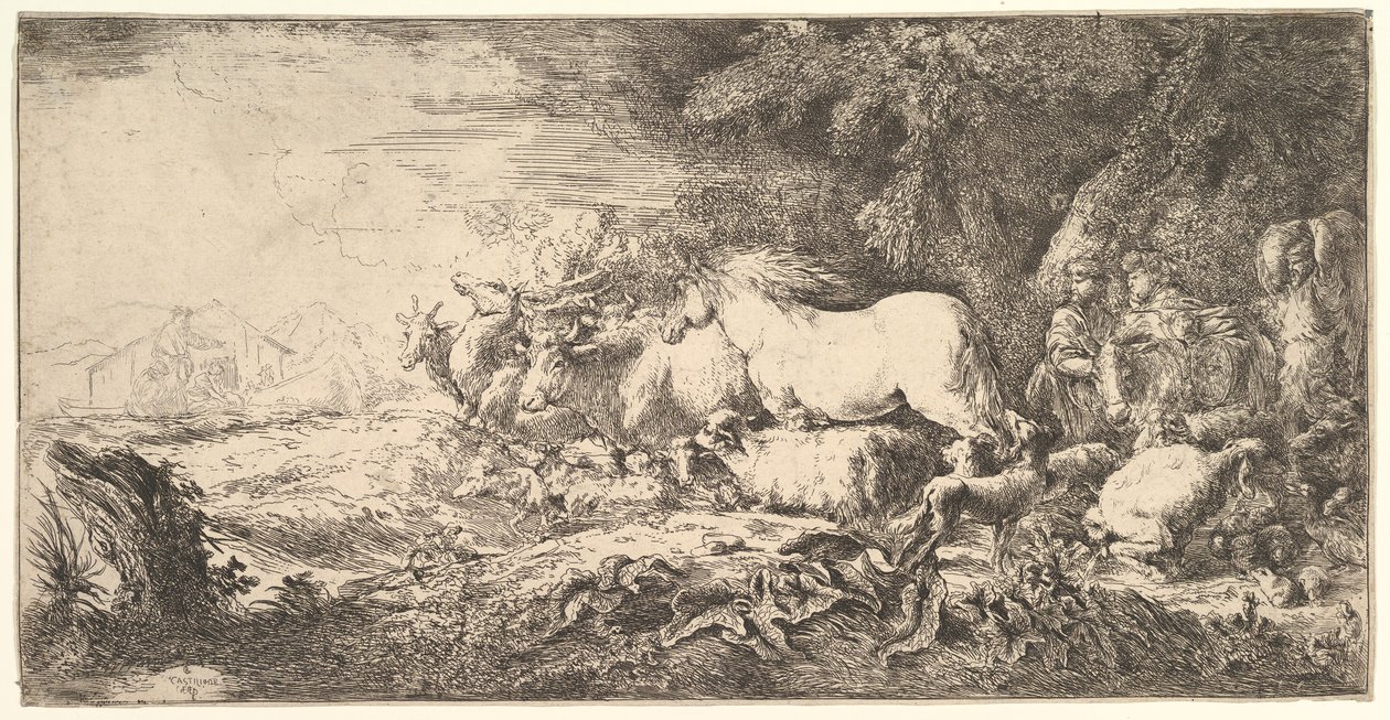 Wejście zwierząt do arki Noego, trzech mężczyzn podąża za czworonogami i ptaszkami..., ok. godz. 1650-55. autorstwa Giovanni Benedetto Castiglione
