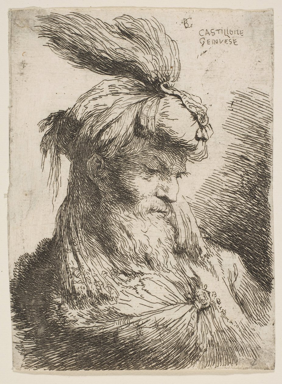Głowa brodatego mężczyzny w turbanie w prawo, z cyklu Małe głowy..., ca. 1645-1650. autorstwa Giovanni Benedetto Castiglione