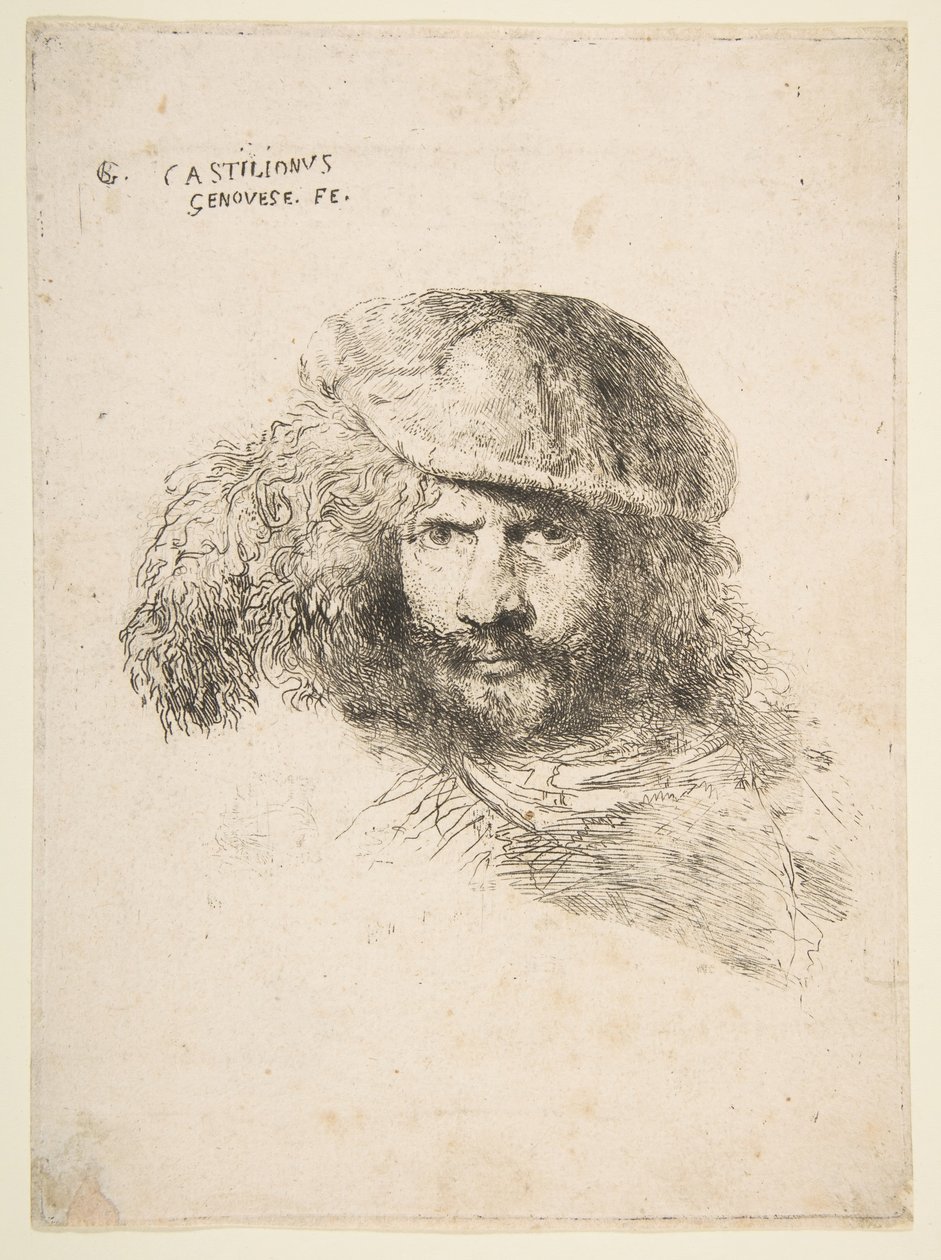 Głowa mężczyzny w czapce z piórami, prawdopodobnie Berniniego, prawdopodobnie autoportret..., ok. 1930 r. 1645-1650. autorstwa Giovanni Benedetto Castiglione