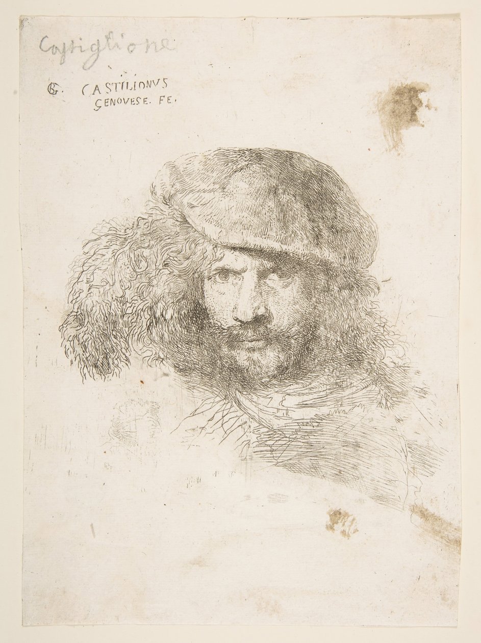 Głowa mężczyzny w czapce z piórami, prawdopodobnie Berniniego, prawdopodobnie autoportret..., ok. 1930 r. 1645-1650. autorstwa Giovanni Benedetto Castiglione