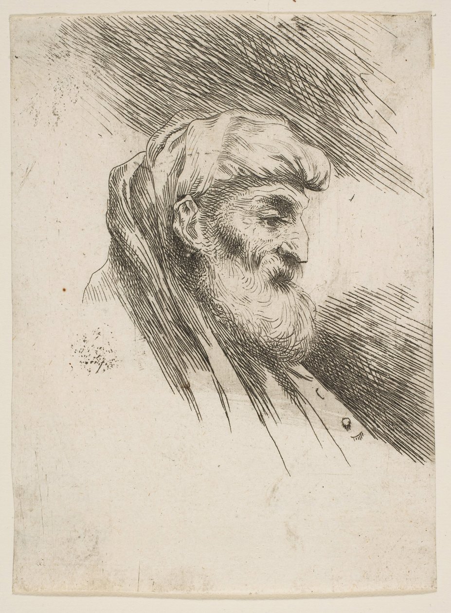 Głowa starego brodatego mężczyzny zwrócona w prawo, z cyklu Małych głów w Orien..., ca. 1645-1650. autorstwa Giovanni Benedetto Castiglione