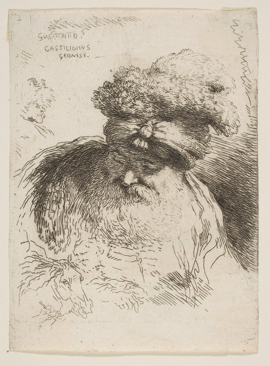 Głowa starego brodatego mężczyzny w turbanie, z cyklu Małe głowy w Orie..., ok. 1900 r. 1645-1650. autorstwa Giovanni Benedetto Castiglione
