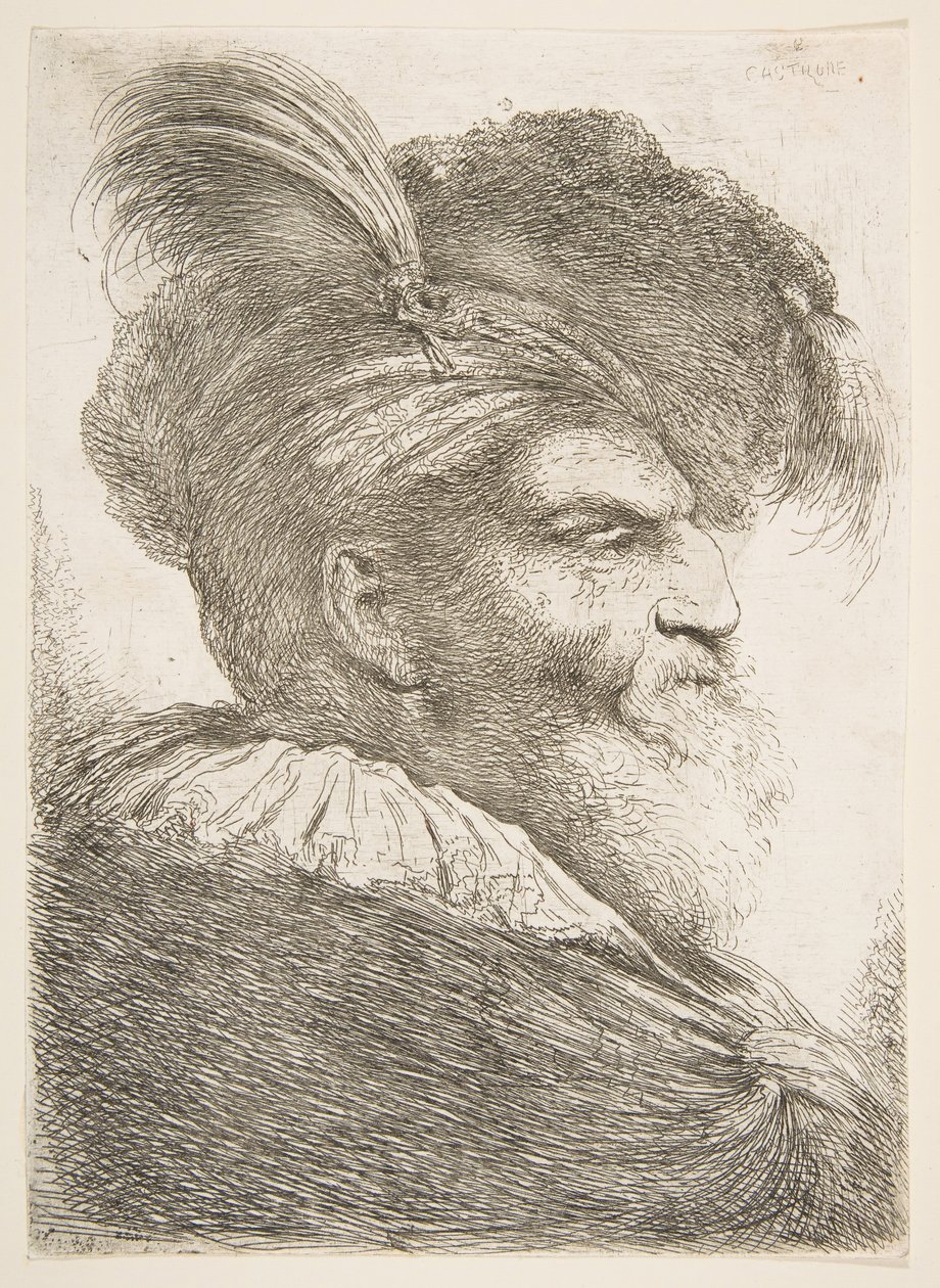 Głowa starca zwrócona w prawo, z serii Dużych głów orientalnych, ca. 1645-1650. autorstwa Giovanni Benedetto Castiglione