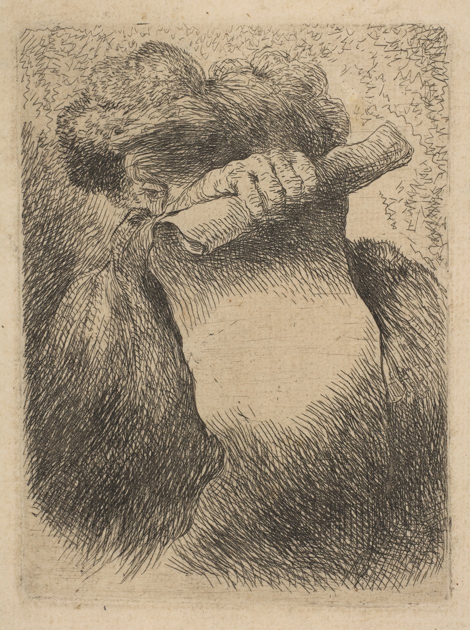 Mężczyzna trzymający przed twarzą zwój, z cyklu Małe głowy w Orien..., ok. 1900. 1645-50. autorstwa Giovanni Benedetto Castiglione