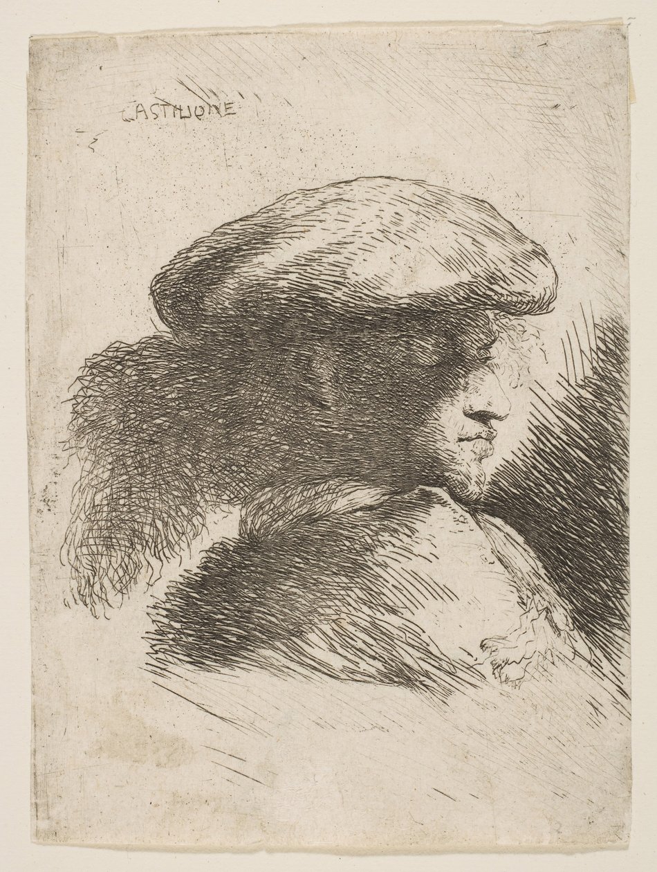 Mężczyzna z profilu w prawo, w futrzanym kapeluszu, z serii „Małe głowy w Or...”, ca. 1645-1650. autorstwa Giovanni Benedetto Castiglione