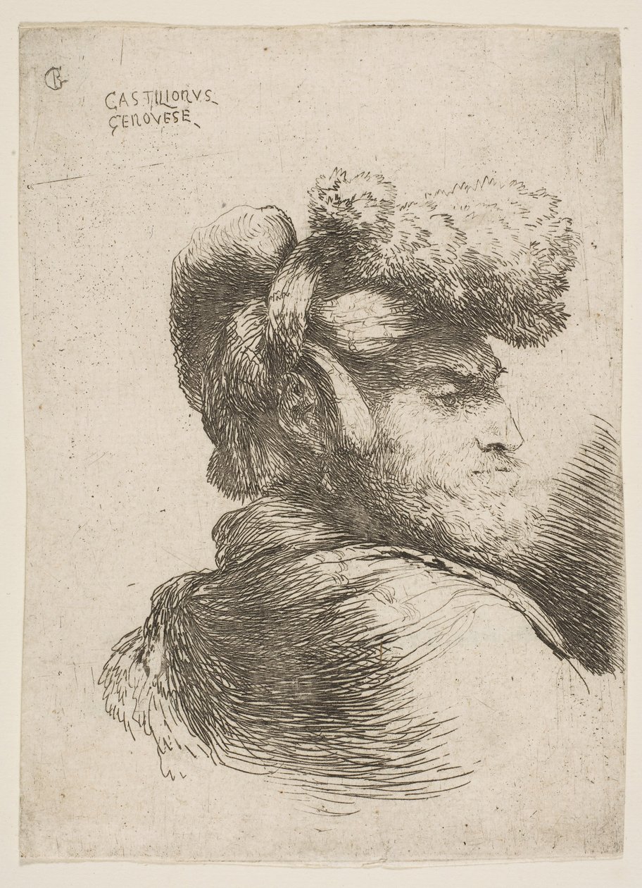 Mężczyzna z profilu zwrócony w prawo, w futrzanym kapeluszu, z serii Małe głowy w Or..., ca. 1645-1650. autorstwa Giovanni Benedetto Castiglione