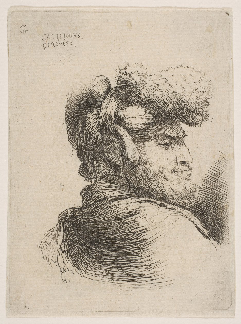 Mężczyzna z profilu zwrócony w prawo, w futrzanym kapeluszu, z serii Małe głowy w Orie..., ca. 1645-50. autorstwa Giovanni Benedetto Castiglione