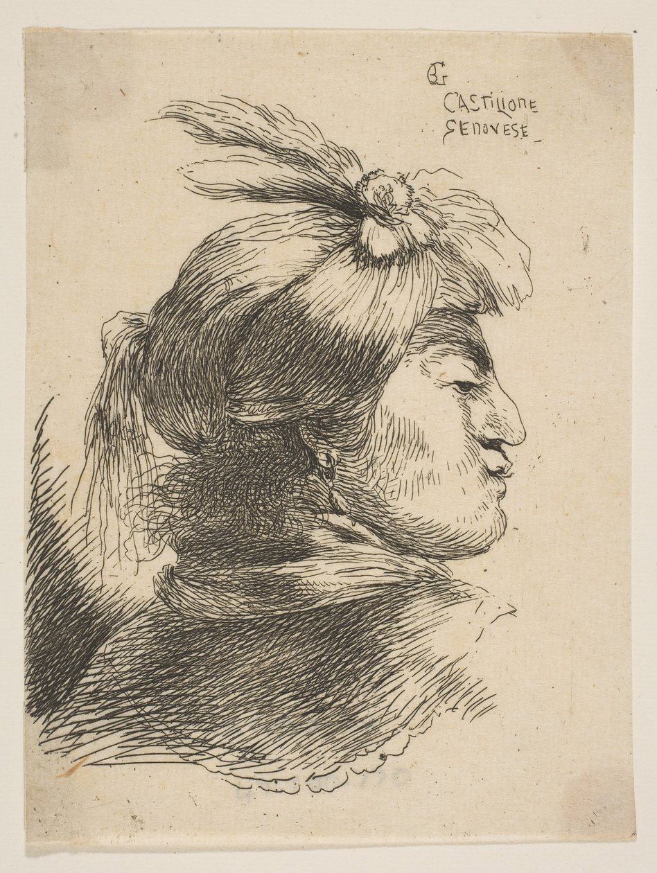 Mężczyzna ubrany w mały turban Oonamentowany z pióropuszami i wstążką, twarzą w prawo, od..., ok. godz. 1645-1650. autorstwa Giovanni Benedetto Castiglione
