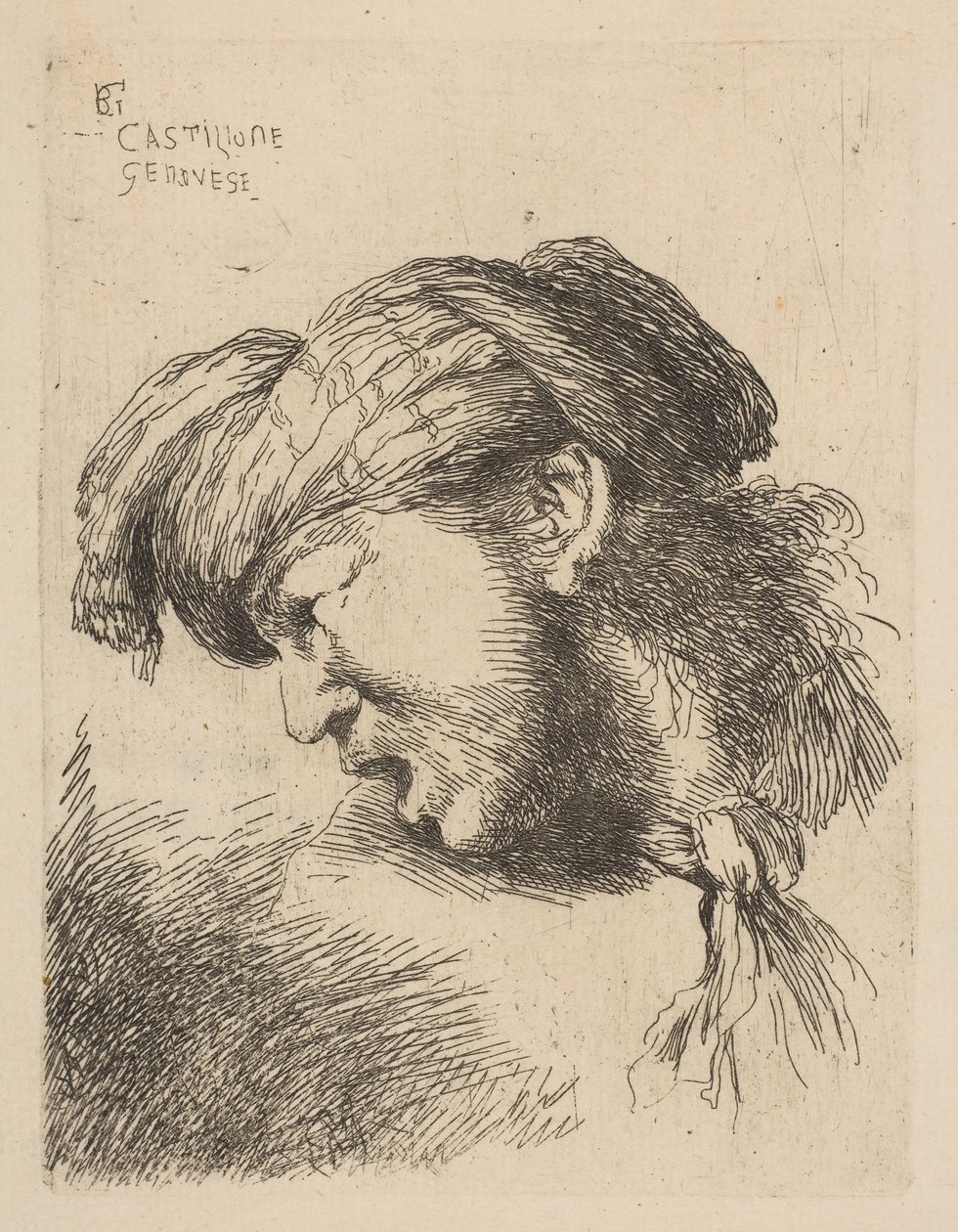 Mężczyzna w turbanie, z krawatem zawiązanym na szyi, przodem w lewo, z serii ..., ok. godz. 1645-50. autorstwa Giovanni Benedetto Castiglione