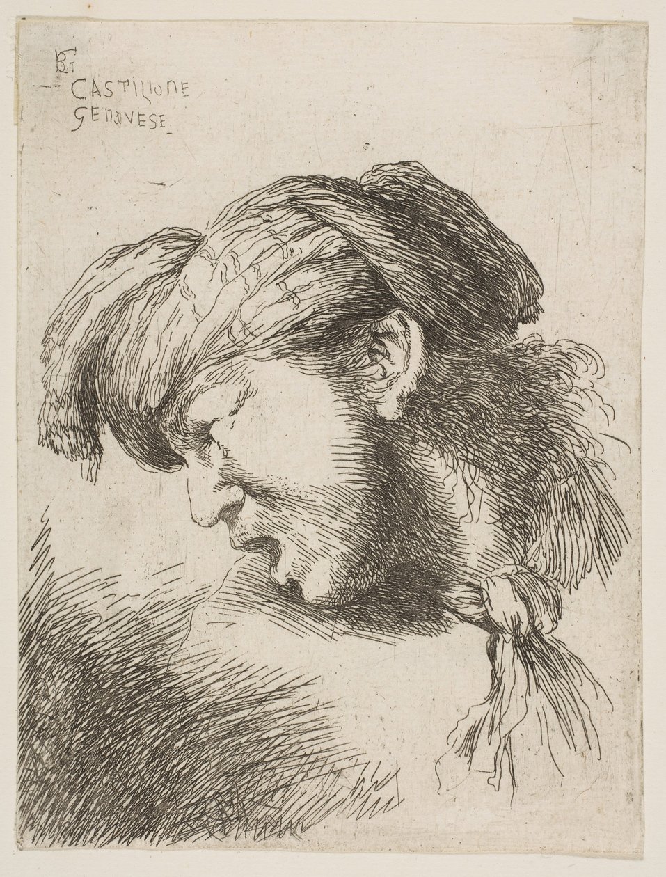 Mężczyzna w turbanie, w krawacie zawiązanym na szyi, zwrócony w lewo, z serii..., 1645-1650. autorstwa Giovanni Benedetto Castiglione