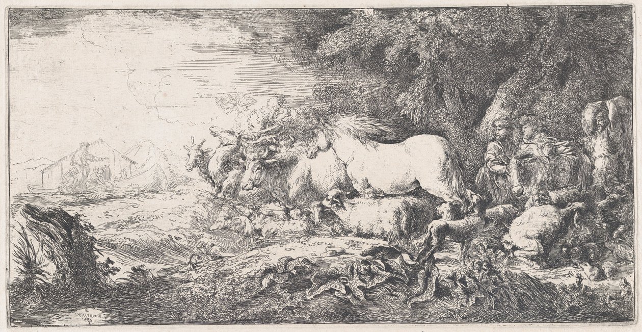 Noe i zwierzęta wchodzące do arki, ok. godz. 1650-55. autorstwa Giovanni Benedetto Castiglione