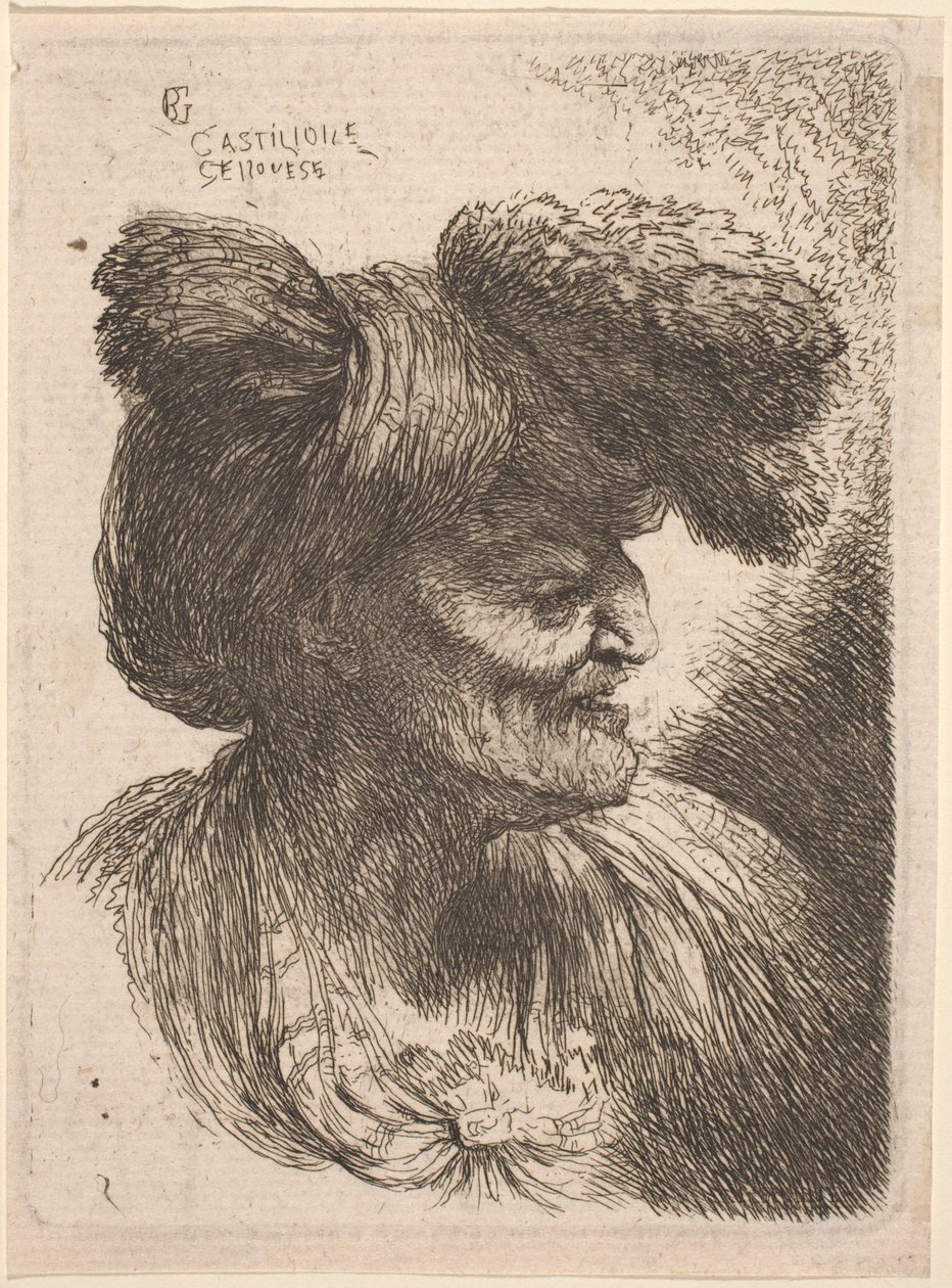 Staruszek w turbanie ozdobionym futrem, zwrócony w prawo autorstwa Giovanni Benedetto Castiglione