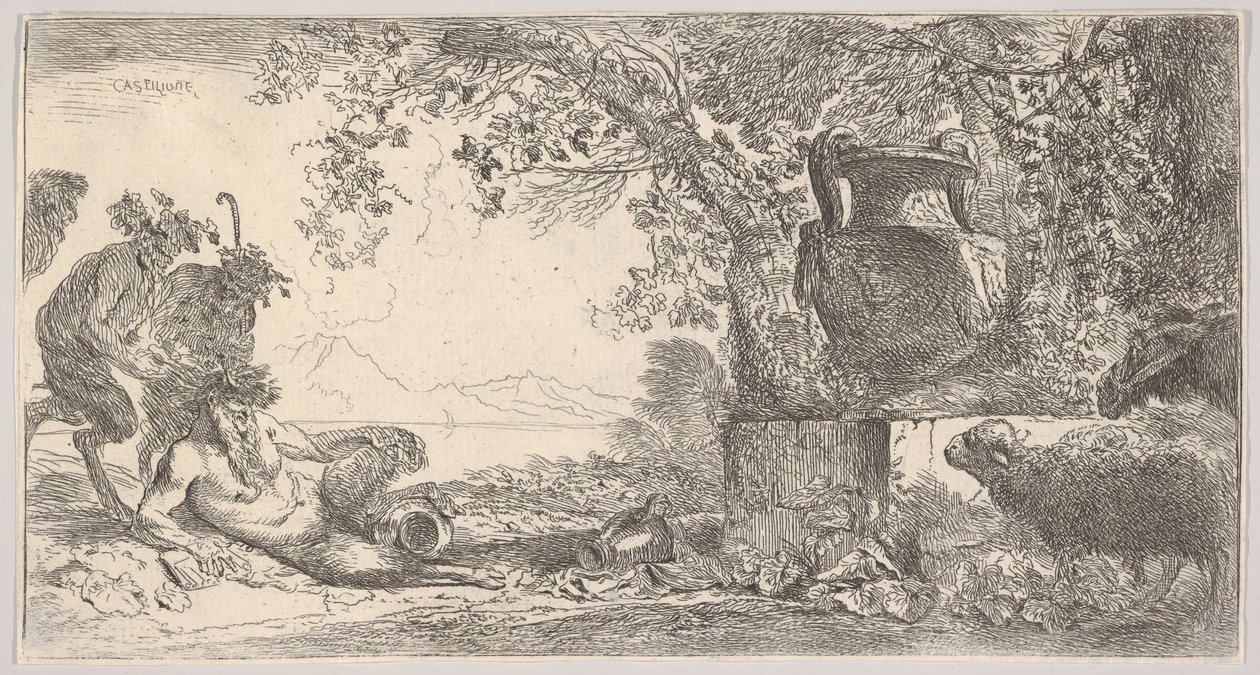 Po lewej stronie półleżąca patelnia z dwoma stojącymi satyrami, po prawej duża waza na postumencie, ca. 1645. autorstwa Giovanni Benedetto Castiglione