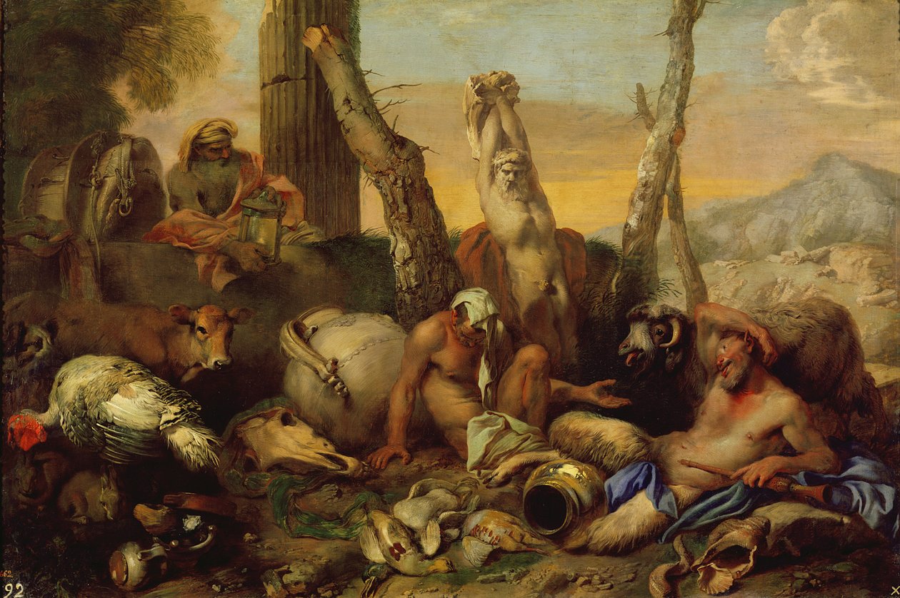 Bajka o Diogenesie, patrząc z latarnią na dobrego człowieka autorstwa Giovanni Benedetto Castiglione