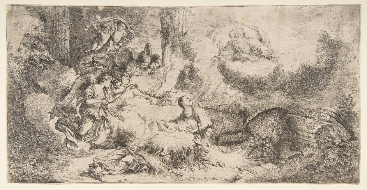 Dziewica z Dzieciątkiem, Bóg Ojciec na górze po prawej, aniołowie po lewej, ca. 1647-50. autorstwa Giovanni Benedetto Castiglione