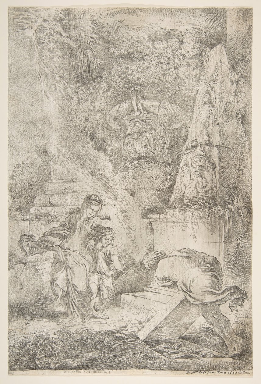 Tezeusz odnajdujący ramiona ojca, 1645 opublikowany 1648. autorstwa Giovanni Benedetto Castiglione