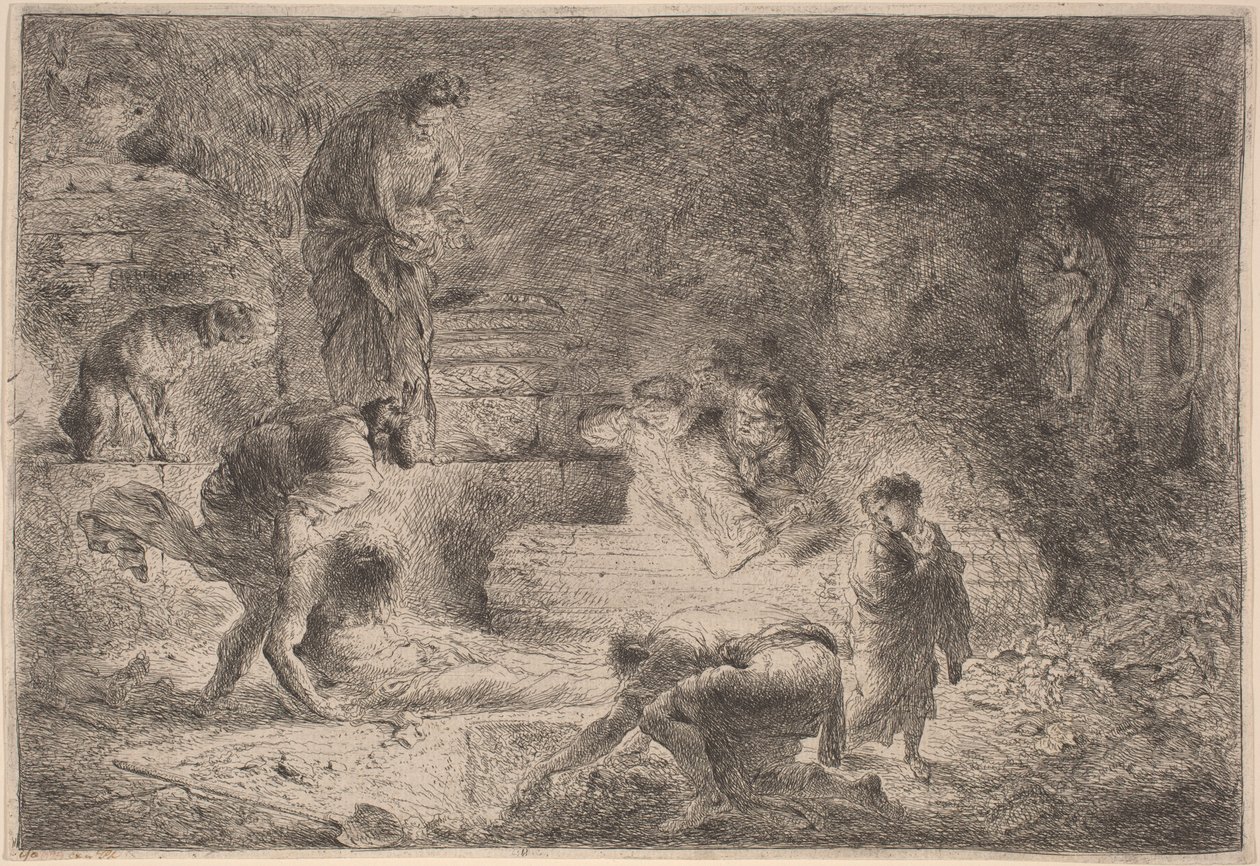 Tobit grzebie zmarłych autorstwa Giovanni Benedetto Castiglione