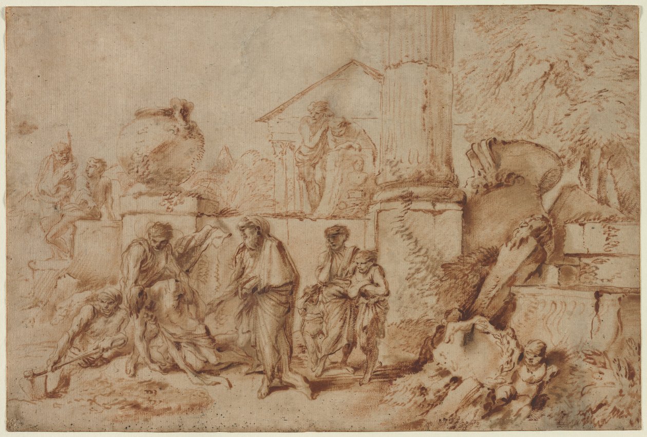 Tobit grzebie zmarłych, lata 40. XVII wieku. autorstwa Giovanni Benedetto Castiglione