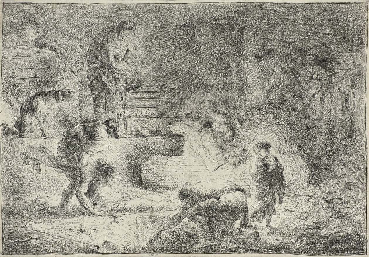 Tobit grzebiący zmarłego, ok. 1647-51 autorstwa Giovanni Benedetto Castiglione