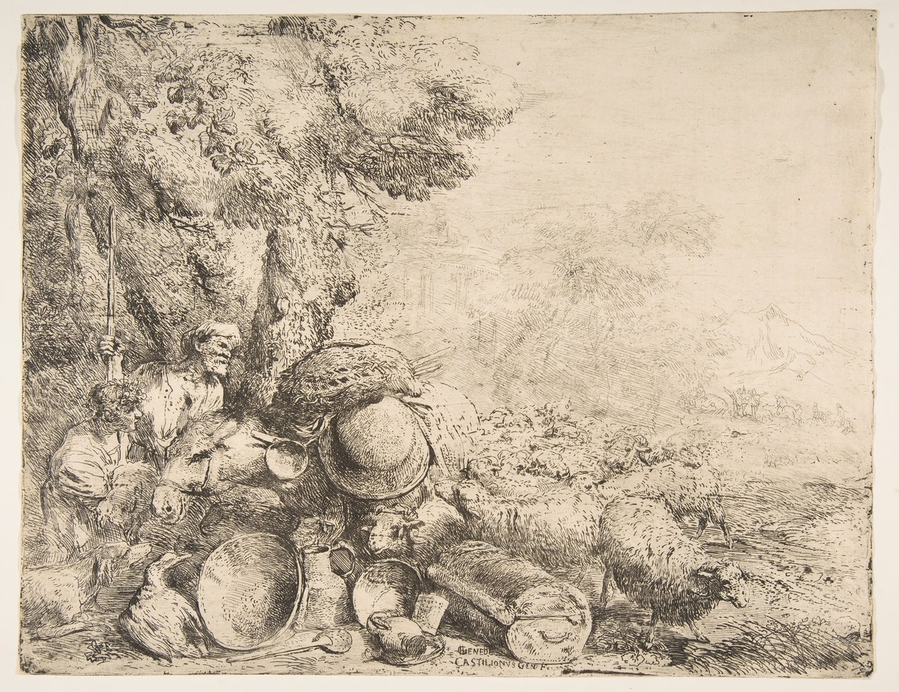 Dwóch pasterzy, osioł i inne zwierzęta w krajobrazie, ca. 1638-1640. autorstwa Giovanni Benedetto Castiglione