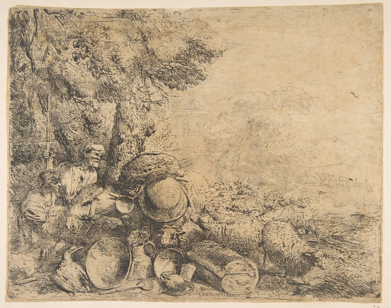 Dwóch pasterzy, osioł i inne zwierzęta w krajobrazie, ca. 1638-1640. autorstwa Giovanni Benedetto Castiglione