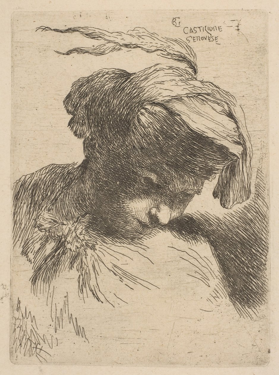 Młody mężczyzna patrzący w dół w prawo, z serii Małe głowy w Oriental Headdr..., ca. 1645-50. autorstwa Giovanni Benedetto Castiglione