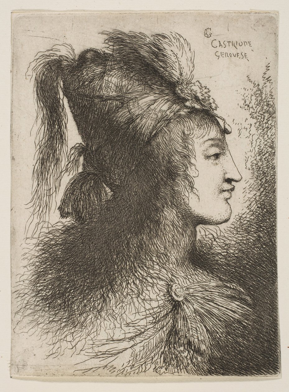Młody mężczyzna w turbanie z pióropuszem, twarzą w prawo, z cyklu Małe głowy…, ok. 1900. 1645-1650. autorstwa Giovanni Benedetto Castiglione