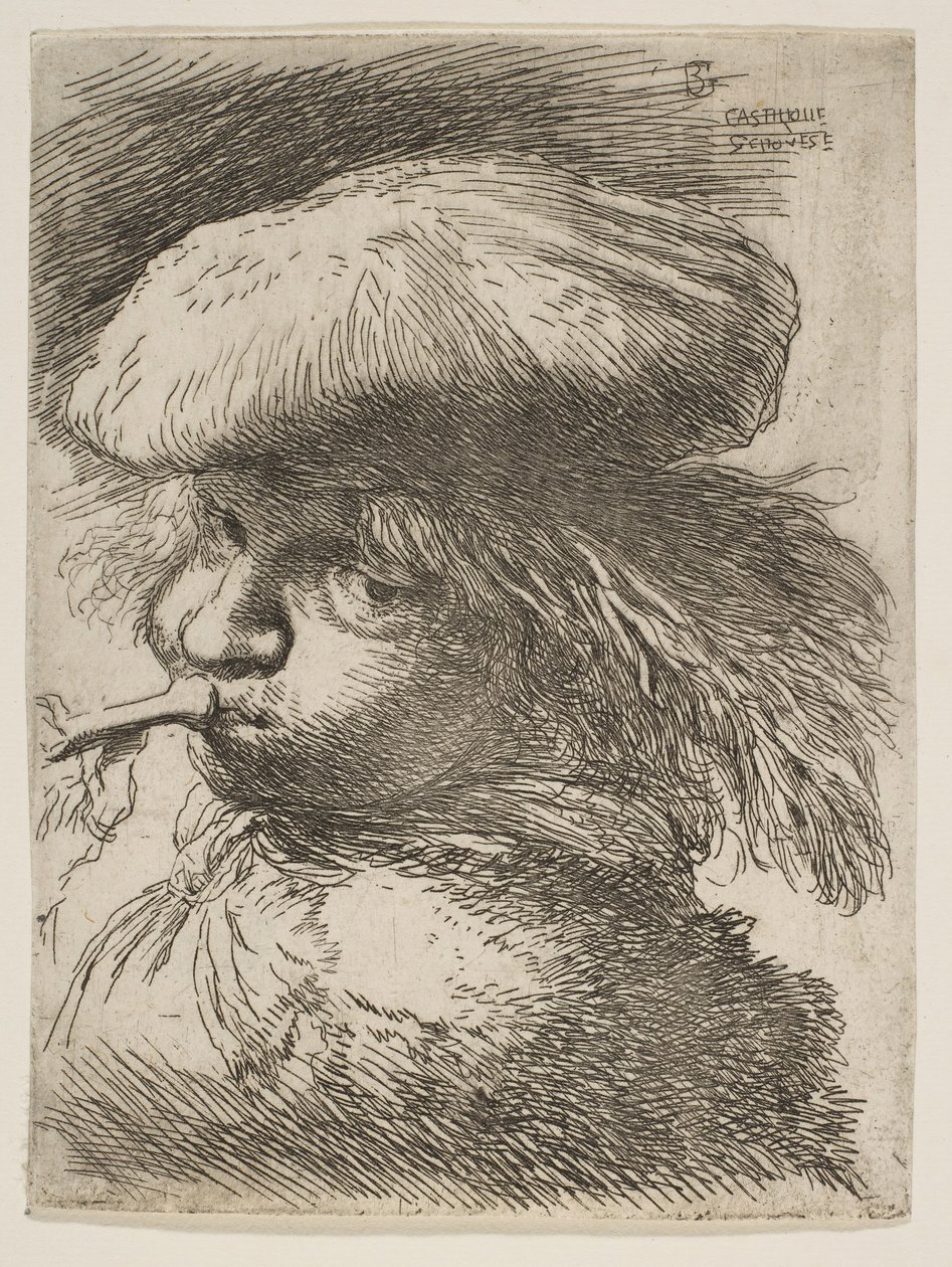 Młody mężczyzna z trąbką zwróconą w lewo, z cyklu Małe głowy w orientalnym..., ca. 1645-1650. autorstwa Giovanni Benedetto Castiglione