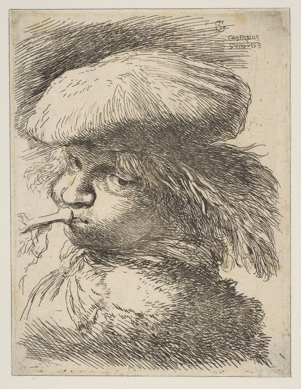 Młody mężczyzna z trąbką zwróconą w lewo, z cyklu Małe głowy w orientalnym..., ca. 1645-1650. autorstwa Giovanni Benedetto Castiglione